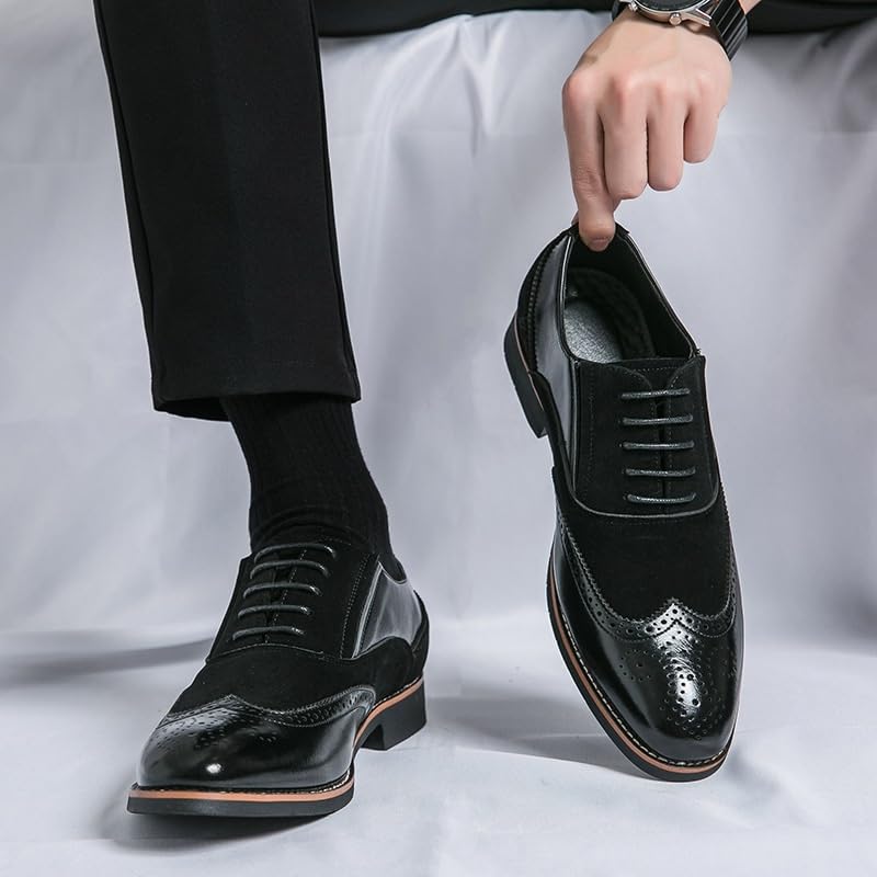 Men's Leather lace-up Oxford Shoes Classic Wingtip Patchwork Brogues Fashionable Punched Toes Slip-on Leather Shoes2