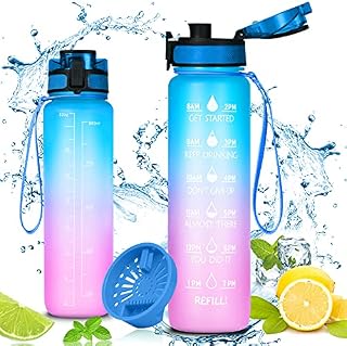 flintronic 1000ml Leakproof Best Sports Water Bottle Leak Proof, BPA Free Tritan Plastic Eco-Friendly Drink Bottles with Filter & Time Marker, One Click Flip Lid, Lid for Gym Yoga Fitness Camping