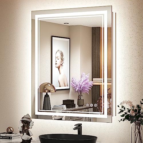 Tokeshimi 28X36 Inch Bathroom Led Mirror Front Lighted Backlit Vanity Mirror With Double Light Strip 3 Colors Cri 90+ Anti-Fog Memory Funtion Wall Mount Make Up Mirror For Bathroom Decor #TOP25