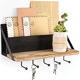 Bikoney Mail Holder and Key Holder for Wall, Large Wooden Wall Decorative Mail Sorter Organizer with 5 Key Hooks for Home Entryroom Office Hallway Kitchen Black