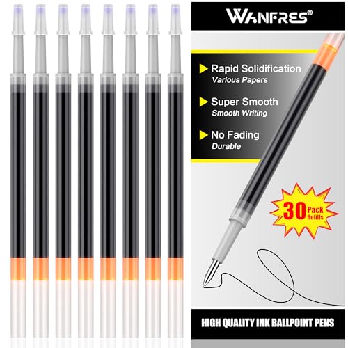 WANFRES Gel Ink Ballpoint Pen Refills 0.5mm, Black 30 Count, Retractable Press-On Pen Barrel Ink Refills, Compatible with Pilot G2 Pentel Energel Jetstream Sharpie S-Gel Uniball Signo Zebra Sarasa