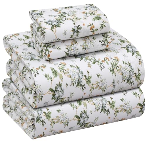RUVANTI 100% Cotton Sheets – Queen Size Percale Bedding, Cooling & Breathable Floral Design, Durable with a Crisp, Soft & Comfortable Feel, 16' Deep Pocket, 4-Piece Set, Heritage