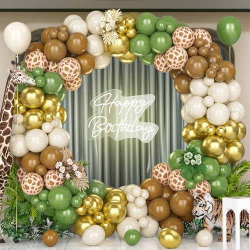 Unisun Kit Arco Globos Jungle Safari, 140 Piezas Guirnalda Globos Oro Verde Salvia con Patrón Ciervo Globos Animales para Decoración Fiesta Cumpleaños Baby Shower Aniversario Boda Temática Salvaje