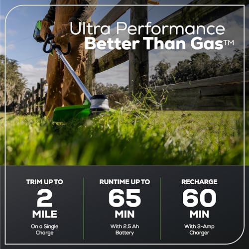 Image of Greenworks 60V 16 inch Brushless Cordless 16 inch String Trimmer, 2.5Ah Battery, Rapid Charger + Bonus 4.0Ah Battery