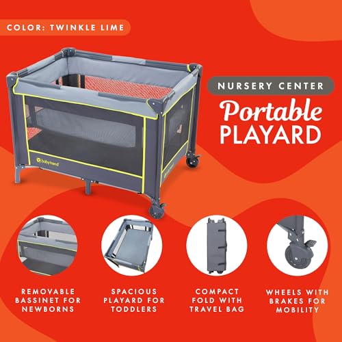 Image of Baby Trend Nursery Center, Portable Playard with Bassinet, Floorboard, and Carrying Bag - Foldable and Convertible Travel Play Crib for Babies and Toddlers, Twinkle Lime