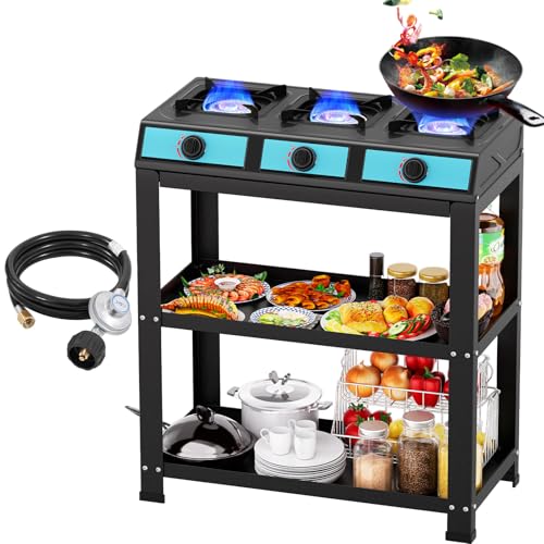 Hornillo de gas de propano de 3 quemadores, color negro, cocina de gas independiente, 3 fuegos, encendido manual, portátil, para exteriores, camping, autocaravana