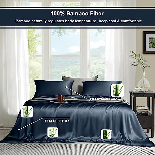 Image of Linenweves Bamboo Sheet Set 4 PC 100% Organic, Natural, Softest, 400 Thread Count Cooling Like Silk (Queen, Navy Blue)