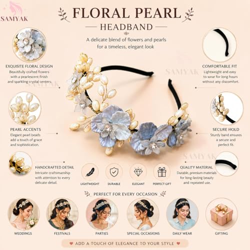 Image of Samyak Pearl & Crystal Hair Band Accessories For Women & Girls, Stylish Tiara Headband For Wedding Party Juda Bun Fashion For Bridal Hair Decoration Accessory