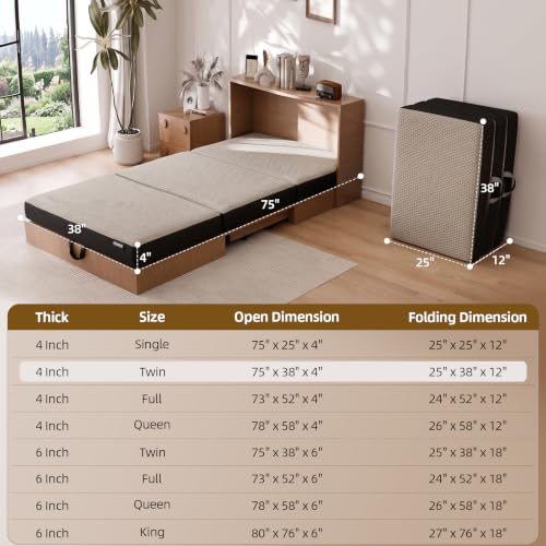 Image of ROXGOX Memory Foam Trifold Mattress, Twin Portable Floor Bed 4 Inch, Foldable Mat with Washable Cover, Handle & Non-Slip Bottom, for RV, Travel, Camping, Yoga, 75 inchx38 inchx4 inch, Grey
