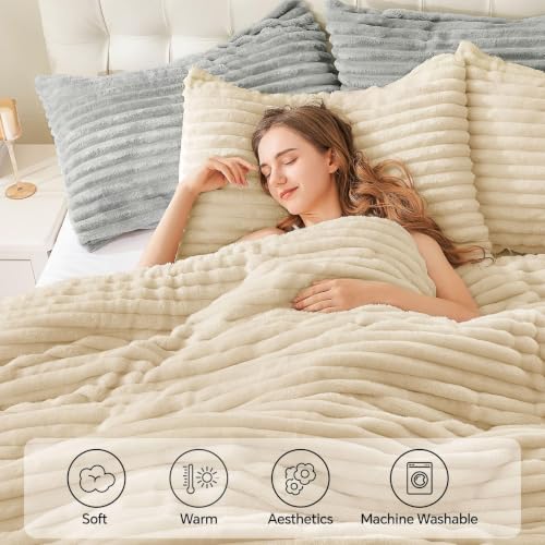 Image of BEDELITE Fleece Oversized Queen Comforter Set, Fluffy Bed Set, Beige | Super Soft & Warm Bedding, Luxury Fuzzy Faux Fur Comforter for Winter, Heavy Plush Bedding, with 2 Pillowcases
