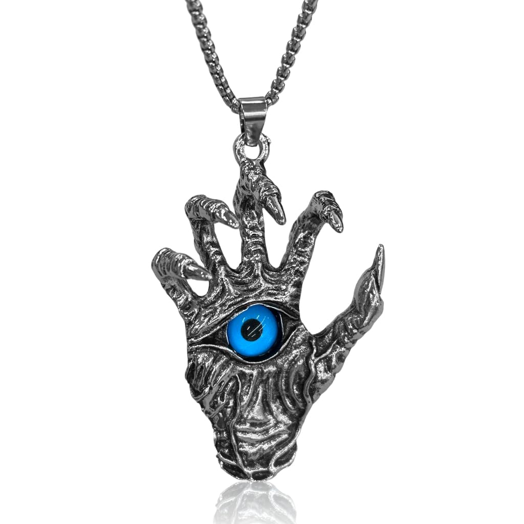 Gothic Steel Mens Vintage Skeleton Hand Spiked Claw Blue Evil Eye Pendant Necklace, 30 Inches Chain-image-10
