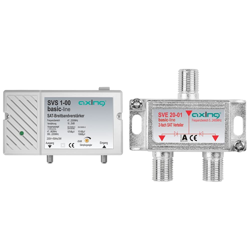 Axing SVS 1-00 Satelliten-Breitbandverstärker (25dB, 47-2200 MHz) & SVE 20-01 2-Fach SAT-Verteiler Splitter mit DC-Durchgang für Satelliten-Anlagen Unicable DVB-T2 HD (5-2400 MHz) Class A
