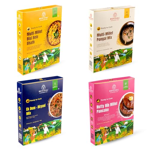 Image of Revival Millet Combo Pack - Instant Biryani, Pongal, Bisi Bele Bath & Pancake Mix (800g) | High-Protein, High-Fiber | Healthy Ready-to-Cook Indian Meals | No Preservatives
