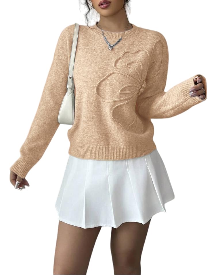Mettclasi Womens Crewneck Long Sleeve 3D Floral Knit Pullover Sweater Casual Cute Drop Shoulder Fashion Loose Jumper Tops