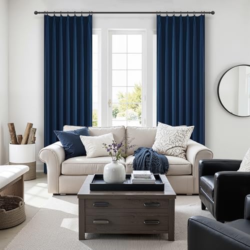 Image of QJmydeco Navy Blue Blackout Curtains 96 Inch Length for Kids /Boys Rooms /Bedroom, Pinch Pleated Drapes with Hooks Viral Linen Thermal Coastal Curtain Dark Blue Window Burg (40 inch Wx96 Lx 2 Panels)