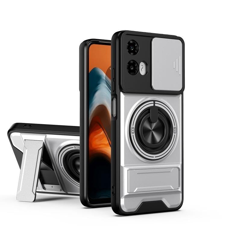 Image of Back Cover for Motorola Moto G85 5G | Armor Camera Slider 360 Degree Rotating Finger Ring Holder Case with Bracket Stand Back Case Cover (Silver)