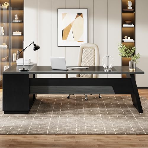 Image of Tribesigns 78 inch L-Shaped Executive Desk, Large Modern Office Desk with Drawers and Lateral File Cabinet, Business Furniture with Storage Shelves, Big Computer Desk for Home Office (Grey + Blcak)