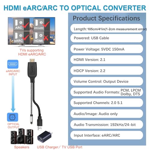 Image of 192KHz HDMI eARC /ARC to Optical Audio Converter for TV to Soundbar | Plug & Play, 3.4ft /1.05m eARC Audio Extractor Adapter, Support Dolby /DTS 5.1, For Sound System Home Theater