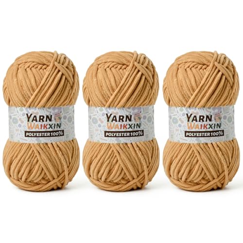 Image of 3 Pack Soft Chenille Yarn for Crocheting, Fluffy Chunky Crochet Yarn for Baby Blanket, (5.29oz /196.8yds) Fuzzy Velvet Yarn for Amigurumi&DIY Puzzle、Crafts、Scarf(3 Khaki)
