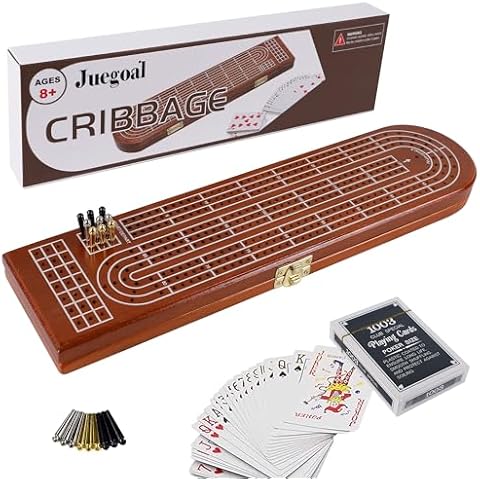 Juegoal Wood Cribbage Board Game Set 3 Tracks with Metal Pegs, Cards, Storage Area Cover