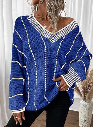 Image of Dokotoo Womens Oversized Striped Tunic Sweaters Casual V Neck Long Sleeve Color Block Knit Pullover Jumper Tops