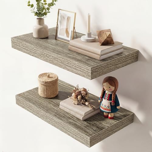 Image of Dreamland 16 Inches Floating Shelves for Wall, 9.3 inch Deep Long Floating Shelves Set of 2, Large Display & Storage Shelf, Wall Shelf for Bathroom Bedroom Living Room Kitchen Office, Grey