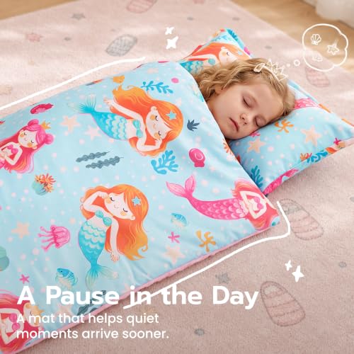 Image of JOIEDOMI Toddler Nap Mat with Removable Pillow and Minky Blanket 55''x30'' Kids Sleeping Bag for Boys and Girls Ages 3-6 Roll Up Soft Nap Mats for Preschool Kindergarten Daycare Sleepover