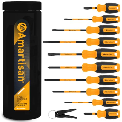 Image of Amartisan 12-Piece Magnetic Screwdrivers Set, 5 Phillips and 5 Slotted Tips Professional Cushion Grip Screwdriver Set (2pcs Portable Multifunction Key Mini Screwdriver)