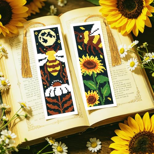 Image of ACRNIGHEET 6PCS Cross Stitch Bookmark Kit for Beginner Stamped Cross Stitch Kits for Adults Retro Bee DIY Tassel Embroidery Bookmark Kits Needlepoint Kit with Instructions Craft Gift 8.5''x3'' 11CT
