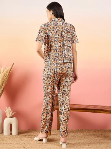 Image of Modeve Women Shirt Pant Navy Abstract Print Co-Ord Set