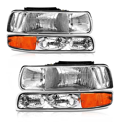 AXLAHA Headlights Assembly for 1999 2000 2001 2002 Chevy Silverado 1500 2500/2001 2002 Chevrolet Silverado 1500HD 2500HD 3500/2000-2006 Tahoe Suburban 1500 2500 Chrome Housing with Bumper Light LH+RH