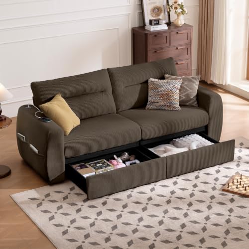 Image of 88.6 inch Modern Storage Loveseat Sofa, Small Couches for Living Room, Brown | Corduroy, USB Charging, Pull-Out Storage, Deep Seat, Comfy Love Seat for Small Spaces, Apartment, Bedroom, Dorm, Office