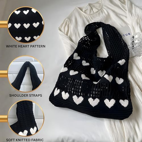 Image of Cotton Knitted Heart Pattern Tote Bag for Women - Large, Stylish & Durable Black Shoulder Handbag for Everyday Use, Travel, Shopping, Work & Beach (Pack of 1)