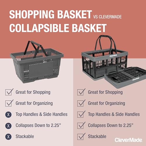 Image of CleverMade Collapsible Shopping Basket, 16L Storage Crate, 3 Pack, Tan | Keep Groceries Upright in the Car | Rigid Walls Carry 22 lb Each, Stack Securely, and Fold to 2.25 Inches for Storage