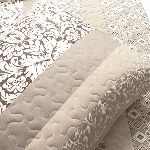 Image of Lush Decor Boho Stripe Reversible Cotton Quilt 3-Piece Set, King, Neutral - Bold Colorful Bohemian Bedding Set