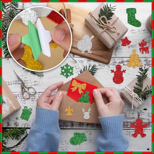 JULBEAR Lot de 300 Autocollants de Noël en Mousse - Rouge, Vert, Argent, Or - Père Noël, Bonhomme de Neige, Élan, Flocons de Neige - Pour Travaux Manuels – vue 6