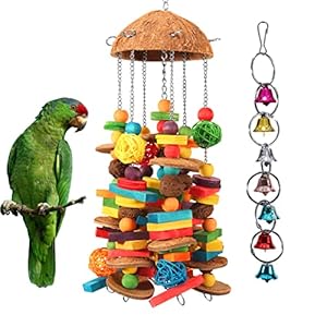 Bird Parrot Toys Natural Large Parrot Blocks Toy Colorful Bird Chewing Toys with Bells for Macaw Cockatoo African Grey Parakeets (Multicolor 01)
