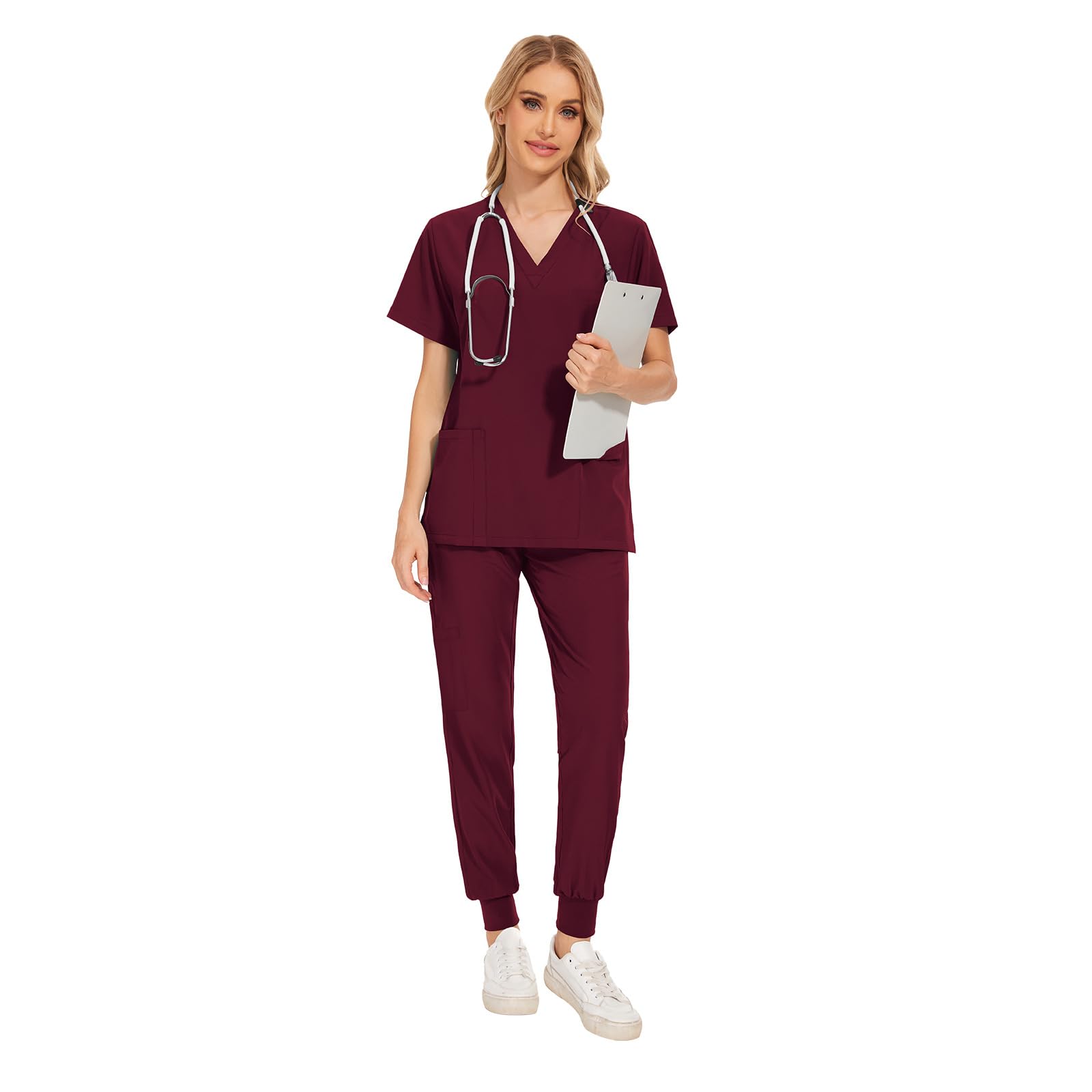 Conjunto Médico 2PCS Uniformes de Trabajo Médico Cuello en V Top de manga corta con 3 bolsillos Pantalones elásticos Secado rápido y absorbente del sudor DK05