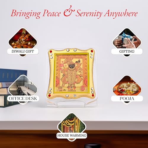 Image of Shrinath Ji Krishna Golden Foil Idol, Car Dashboard Idol Frame & Home Temple Religious Photo Frame | Hindu God Statue for Pooja, Office & Spiritual Gift Item