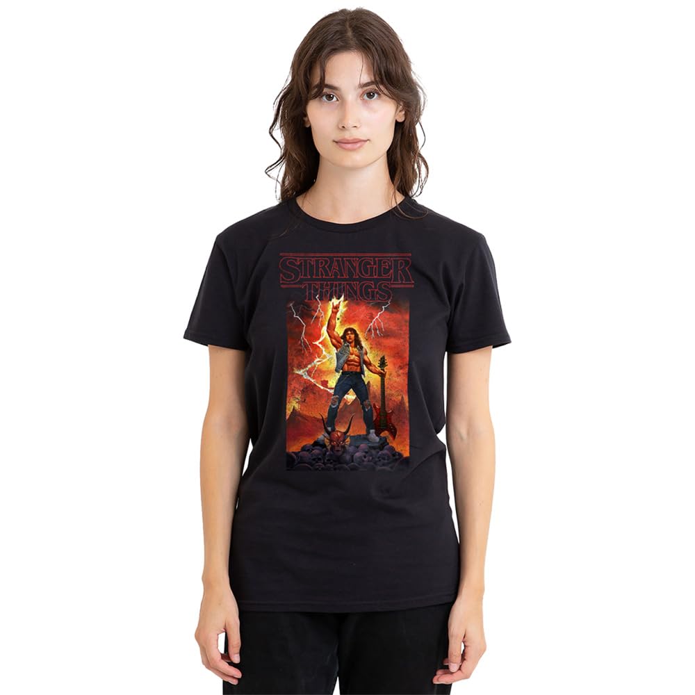 Stranger Things Rock of Eddie Munson Ladies T Shirt, Black, X-Large
