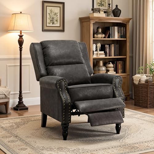 Image of Leather Recliner Chair, Pushback Recliner Chair with Overstuffed Arms Lumbar Support, Mid Modern Pushback Recliners Chair with Adjustable Backrest Footrest for Reading, Living Room, Black