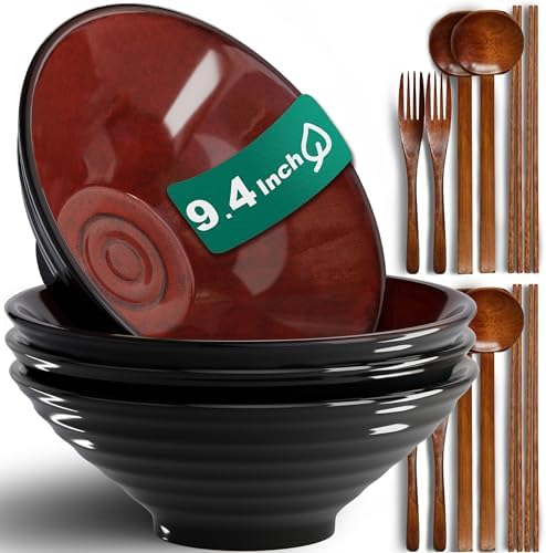 9.4-Inch 4 Sets Ceramic Ramen Bowl (16 Piece) - Japanese Porcelain Dishwasher Microwave Safe Salad Noodles Cereal Pasta Soup Large Bowls with Chopsticks Forks Spoons for Men Women Housewarming Gift