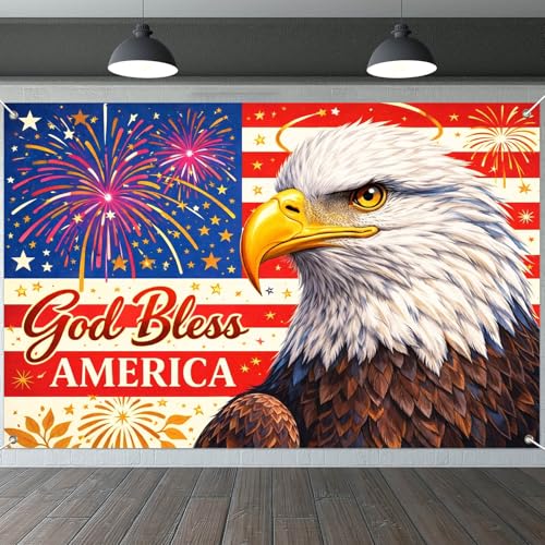 Image of IVN Patriotic Eagle Banner 71x43 Inch 4th of July Veterans Day Memorial God | Polyester Patriotic Eagle 4th of July Veterans design for 4th of July Independence Day Memorial Day and Veterans Day decor