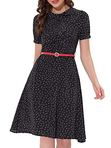 Image of Allegra K Women's Peter Pan Collar Tie Neck Short Sleeves A-Line Elegant Belted Vintage Floral Dress