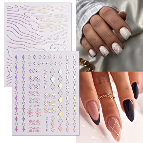 12 Sheets Line Nail Art Stickers Decals 3D Aurora Nail Stickers Holographic Self-Adhesive Silver Stripe Nail Decals Curve Stripe Chain Wave Lines French Nail Designs Decoration For Women Nail Supplies #TOP3