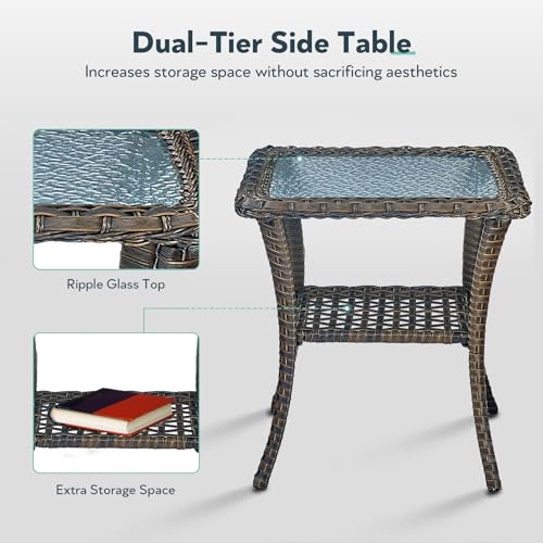 Outdoor Swivel Glider Rocker Chairs Set of 4 - Wicker Patio Furniture Set All Weather Patio Conversatio Sets with 2 Tempered Glass Side Table for Deck Backyard - Brown Wicker Blue Cushion - Image 7