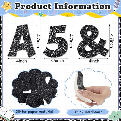Image of Colarr 144 Pcs Glitter Bulletin Board Letters for Classroom Number Alphabet Punctuation Symbol Cutout 4'' Die-Cut Poster Letter with Adhesive Dot School Party Holiday Decor Display(Black)