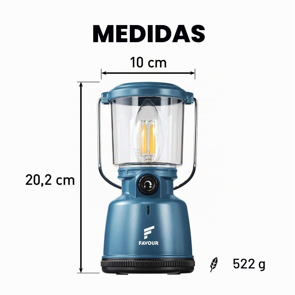 Lampara Camping Retro Filamento LED | Linterna Camping recargable | Farol LED Impermeable y Robusta IP64, Iluminación regulable, Modo Luz de Vela | Iluminación Carpa 360 Grados, gancho integrado