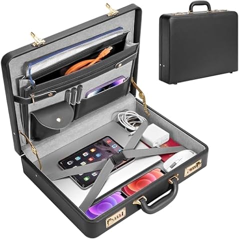 Vilcjson 17.5x13.5x3.5 Inch Briefcases for Men - Vintage Hard Case Attache with Dual Combination Lock - PU Leather Locking Brief Case, Partitioned Storage for Laptop Document Phone Passport, Black Cover
