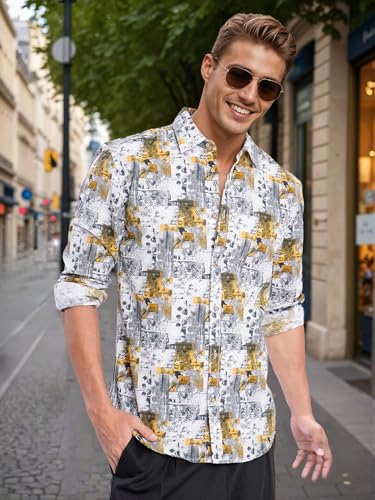 Image of BENE KLEED Men Grey and Mustard Abstract Print Slim Fit Shirt(BOMCF458SL53-6351B White /Mustard M)